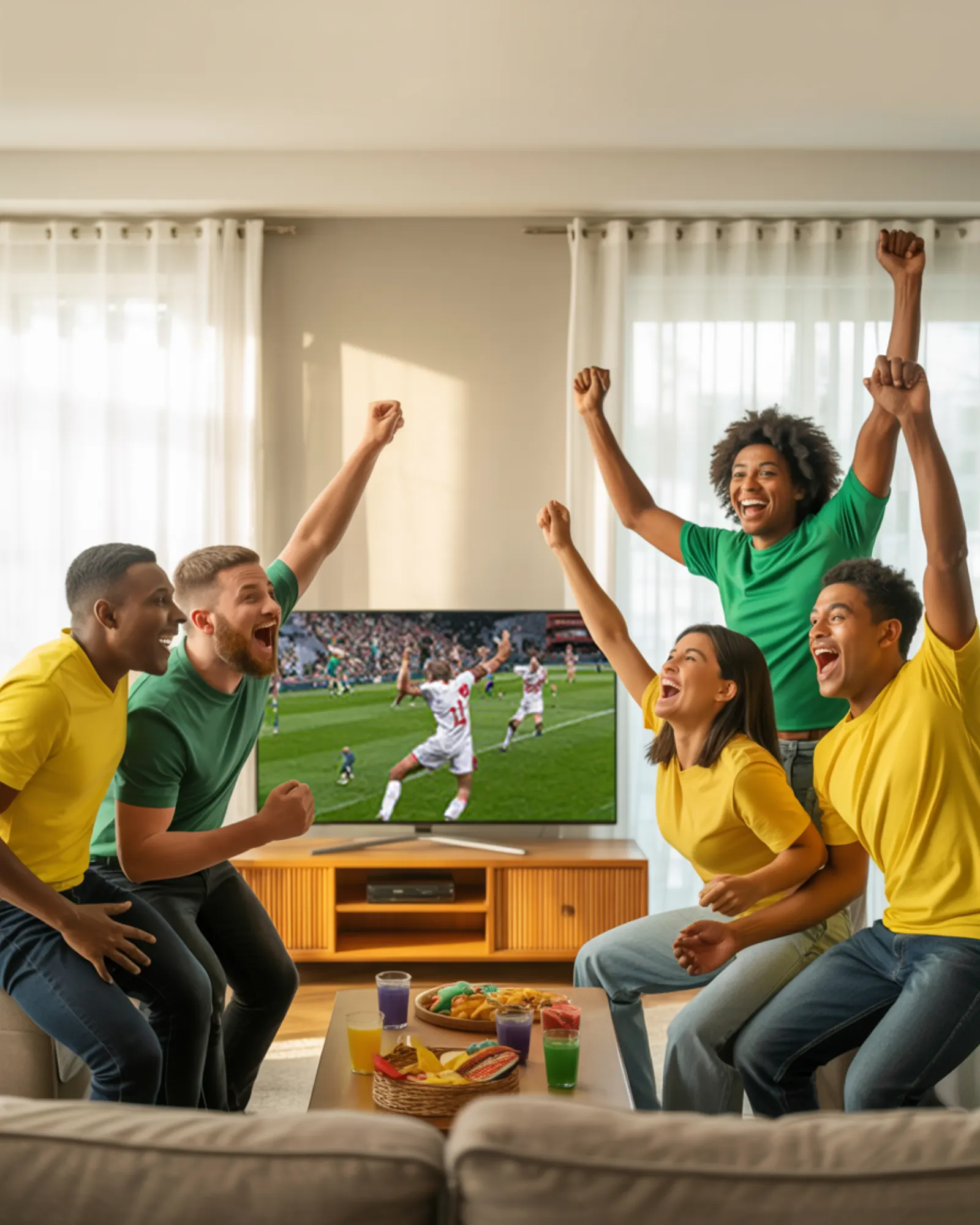 Grupo de amigos vibrando com gol do Brasil